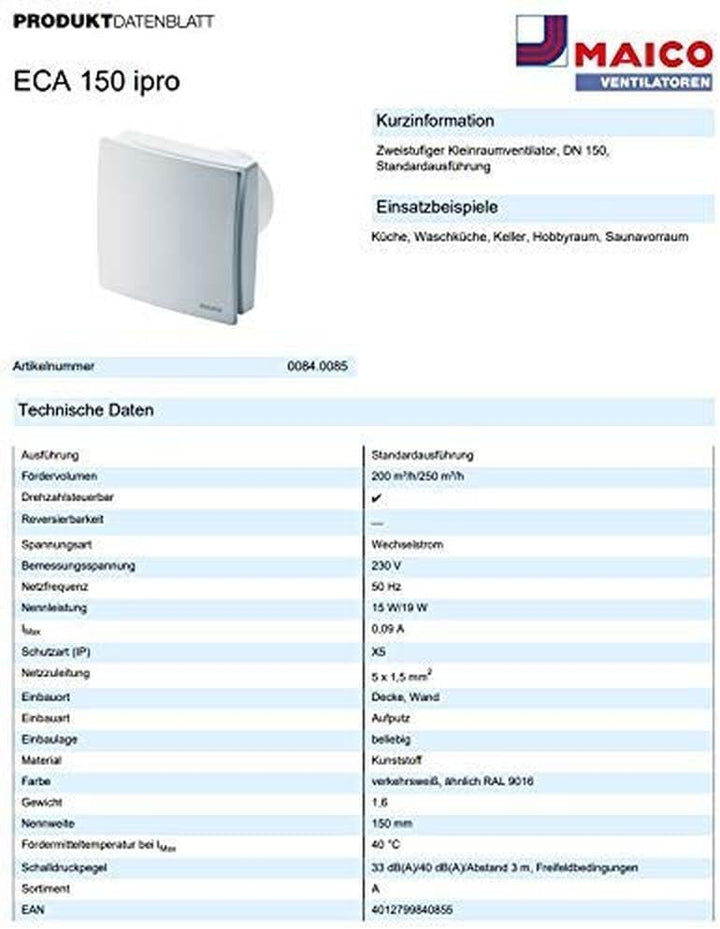 Maico Kleinraum Ventilator 230 V DN150, Standard ECA150 IPRO, 4342126