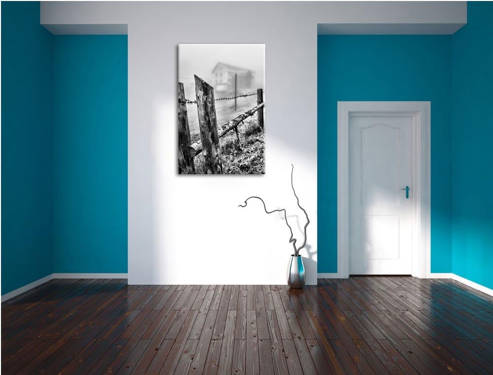 Pixxprint Holzzaun auf Wiese als Leinwandbild/Grösse: 100x70 / Wandbild/Kunstdruck/fertig bespannt,