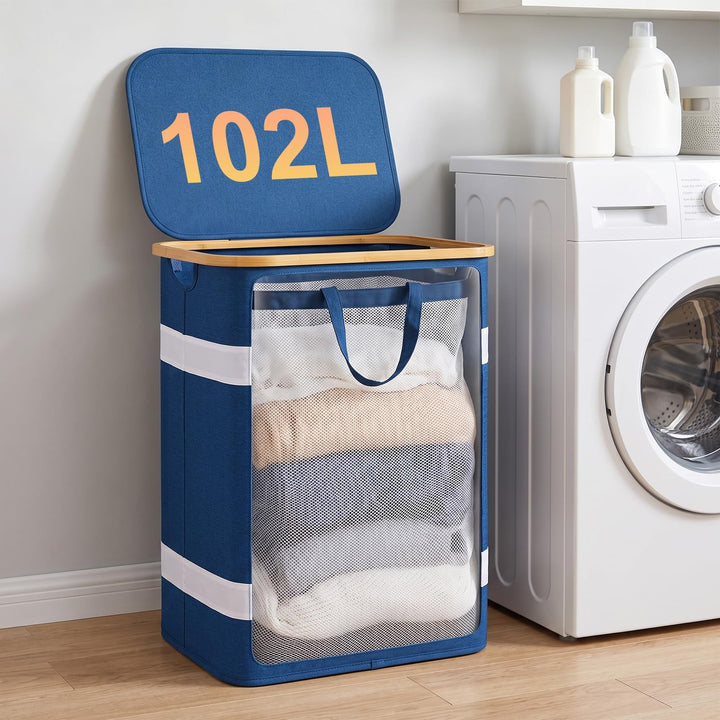 Soontrans Faltbarer Wäschekorb 102L mit Deckel &amp; Wäschesack (Blau) Blau KEINE Fächer, Blau KEINE Fäc