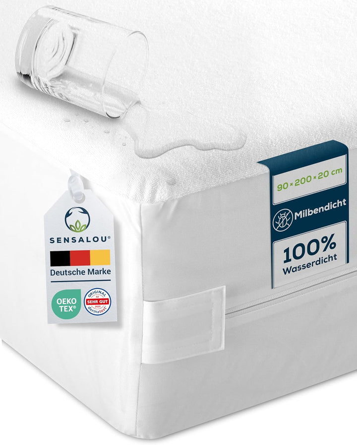 Sensalou Matratzenschoner 90 x 200 x 20 cm Wasserdicht und Milbendicht als Rundumbezug gegen Milben