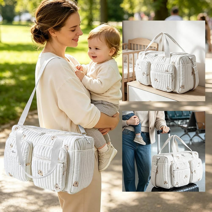 Grosse Wickeltasche Kliniktasche Geburt 48×22×26 cm – Baumwolle Baby Tasche mit Stickerei, Mama Tasc