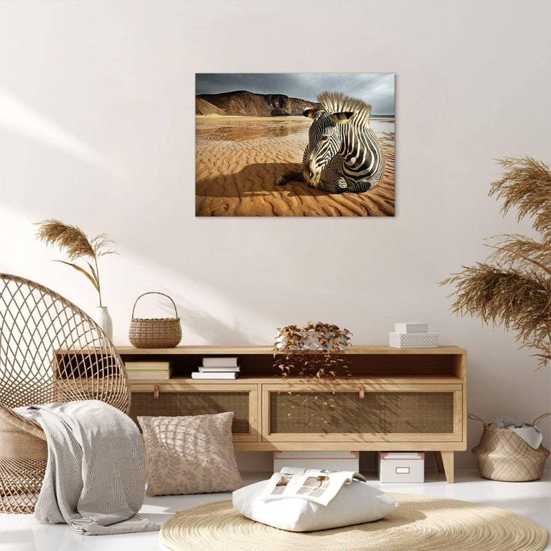 ARTTOR Bilder auf Leinwand Zebra Strand Landschaft Leinwandbild 70x50cm Wandbilder Dekoration Wohnzi