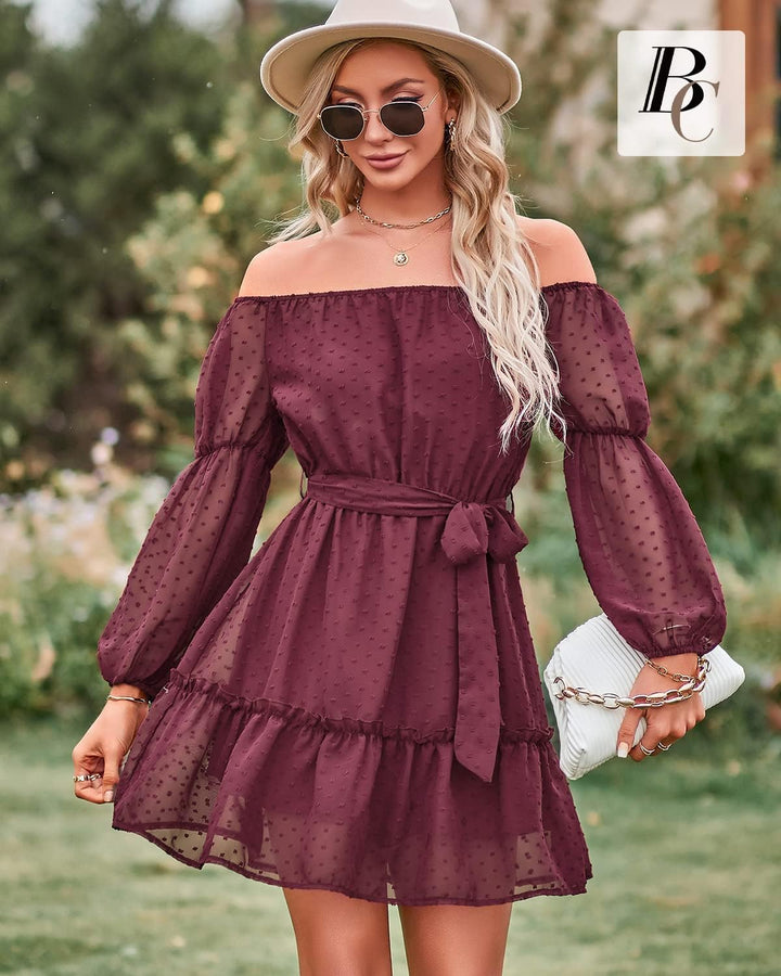 BebreezChic Kleid Damen Elegant Langarm Off Shoulder Einfarbig Swiss Dot Luftig Sommerkleid Miniklei
