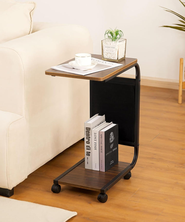 Yorbay Beistelltisch Holz Couch, Sofatisch mit Rollen und Aufbewahrungstasche, C Form Mobiler Kaffee