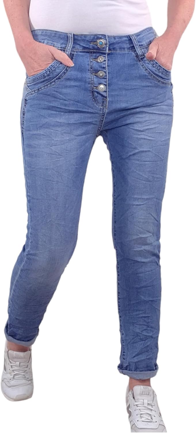 Karostar Damen Boyfriend Stretch Jeans mit offener Knopfleiste L Denim Special Pocket, L Denim Speci