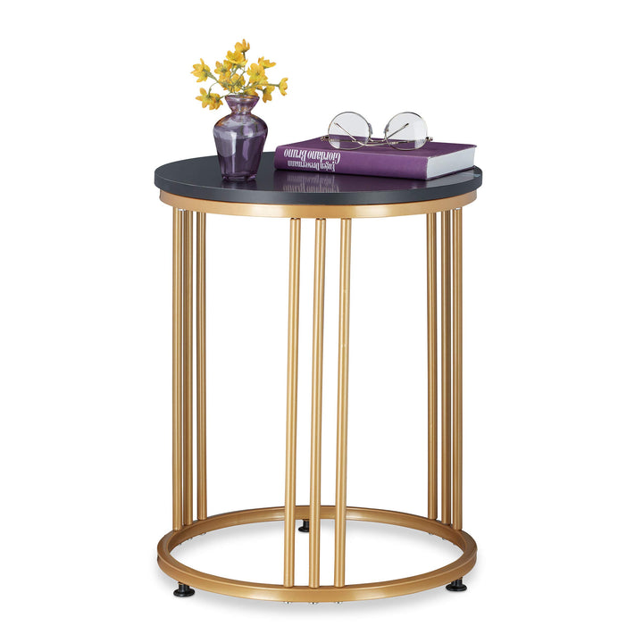 Relaxdays Beistelltisch MARMO, Metall & MDF, runder Sofatisch, schwarz/Gold | für Wohnzimmer, Marmor
