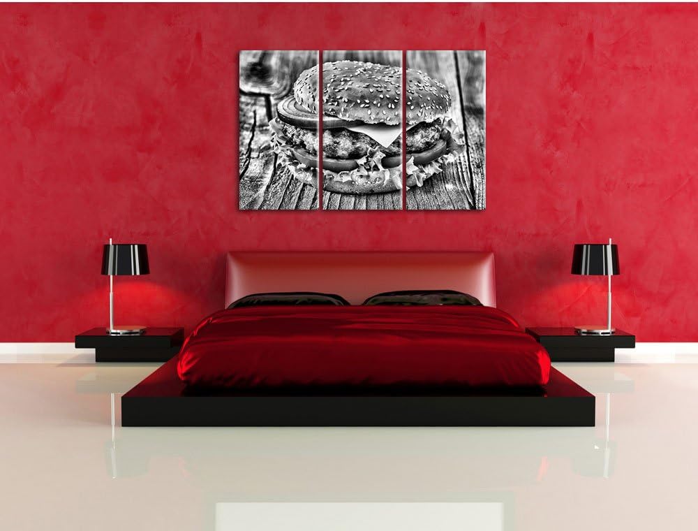 Pixxprint Monocrome, Leckerer Cheeseburger 3-Teiler Leinwandbild 120x80 Bild auf Leinwand