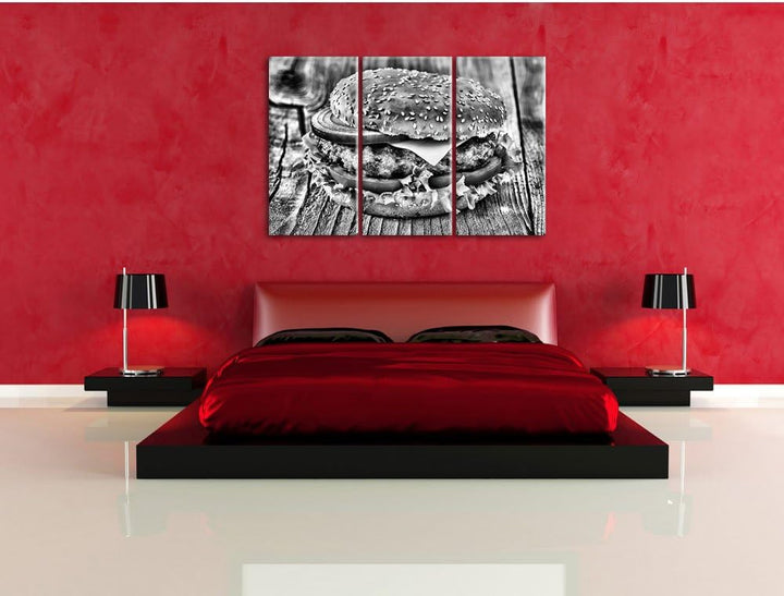 Pixxprint Monocrome, Leckerer Cheeseburger 3-Teiler Leinwandbild 120x80 Bild auf Leinwand