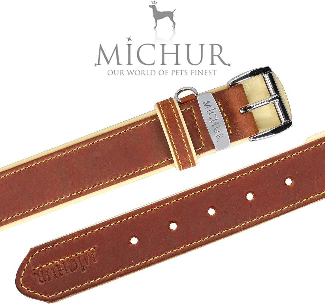 MICHUR Charly Hundehalsband Leder Braun Gelb, Lederhalsband Hund, Halsband, Leder, in verschiedenen