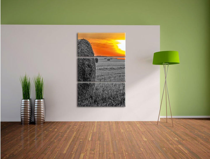 Pixxprint Strohballen bei Sonnenuntergang als Leinwandbild/Grösse: 3 Teilig (120x80) cm/Wandbild/Kun
