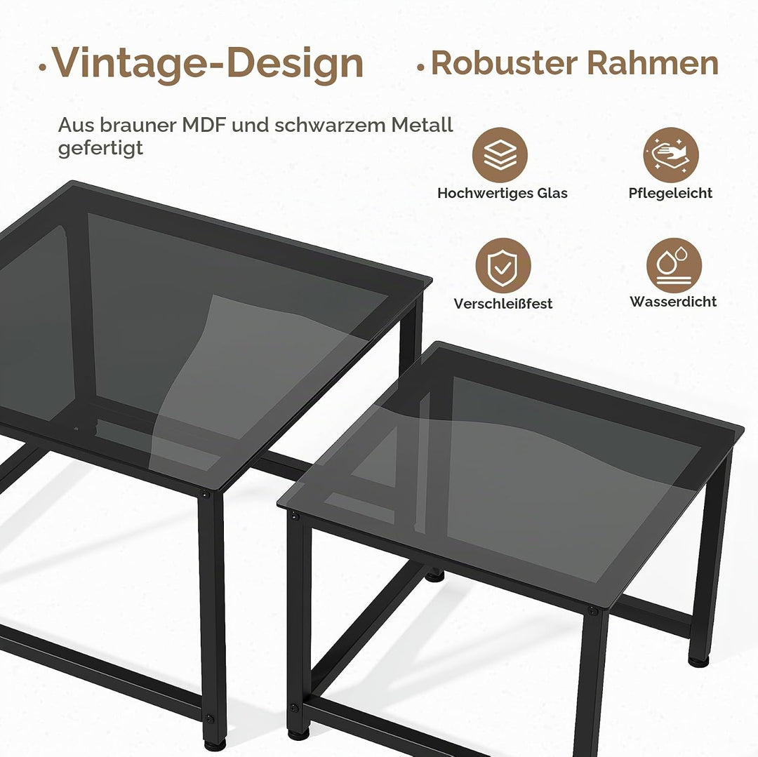 Hawthyhome 2 Stücke quadratisch Set, Couchtisch aus Glas mit Metallrahmen,Moderne Kaffeetische Satzt