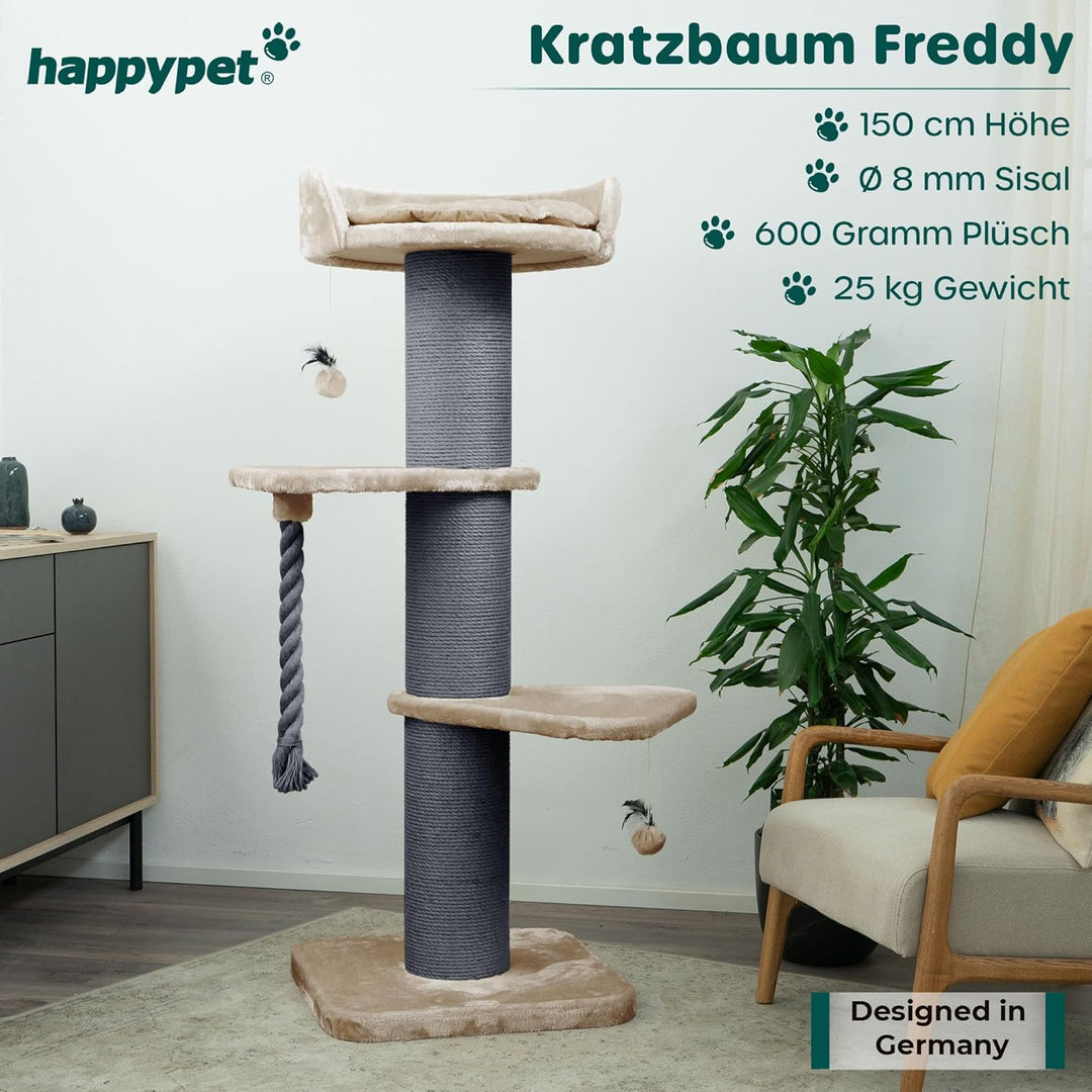 HAPPYPET Premium Kratzbaum Grosse Katzen Stabil 'Freddy' – 150 cm Grosser Katzenbaum, Kletterbaum fü