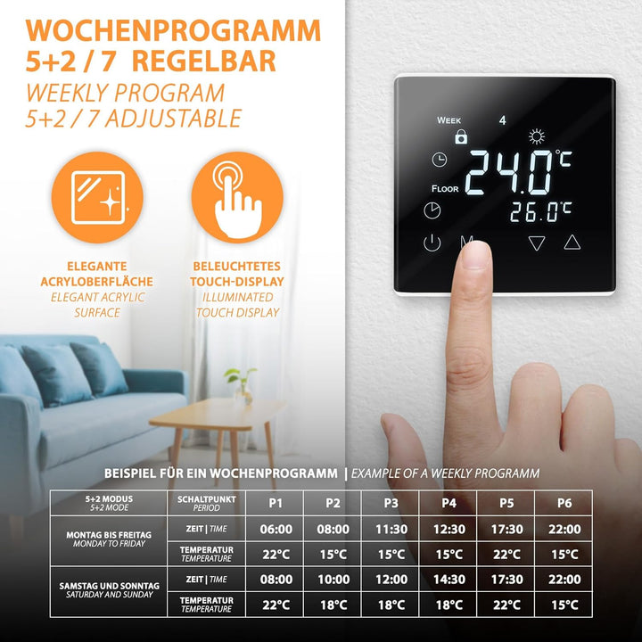 Modernes und elegantes Touchscreen Thermostat mit Programmiermöglichkeiten und inklusive Bodenfühler