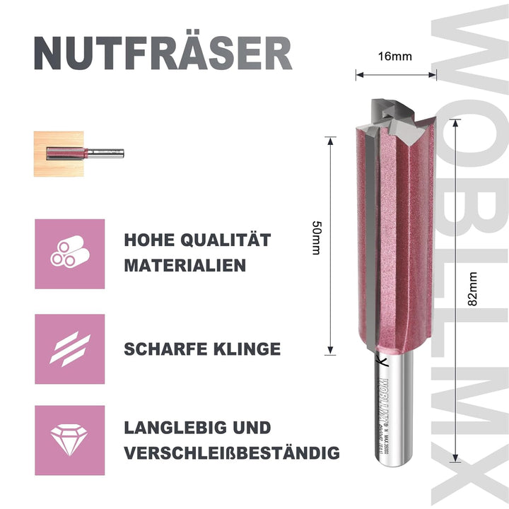 3 Klingen Nutfräser 8mm Schaft,Ø16mm Arbeitslänge 50mm Professional Hartmetall Bestückt Nutfräser St