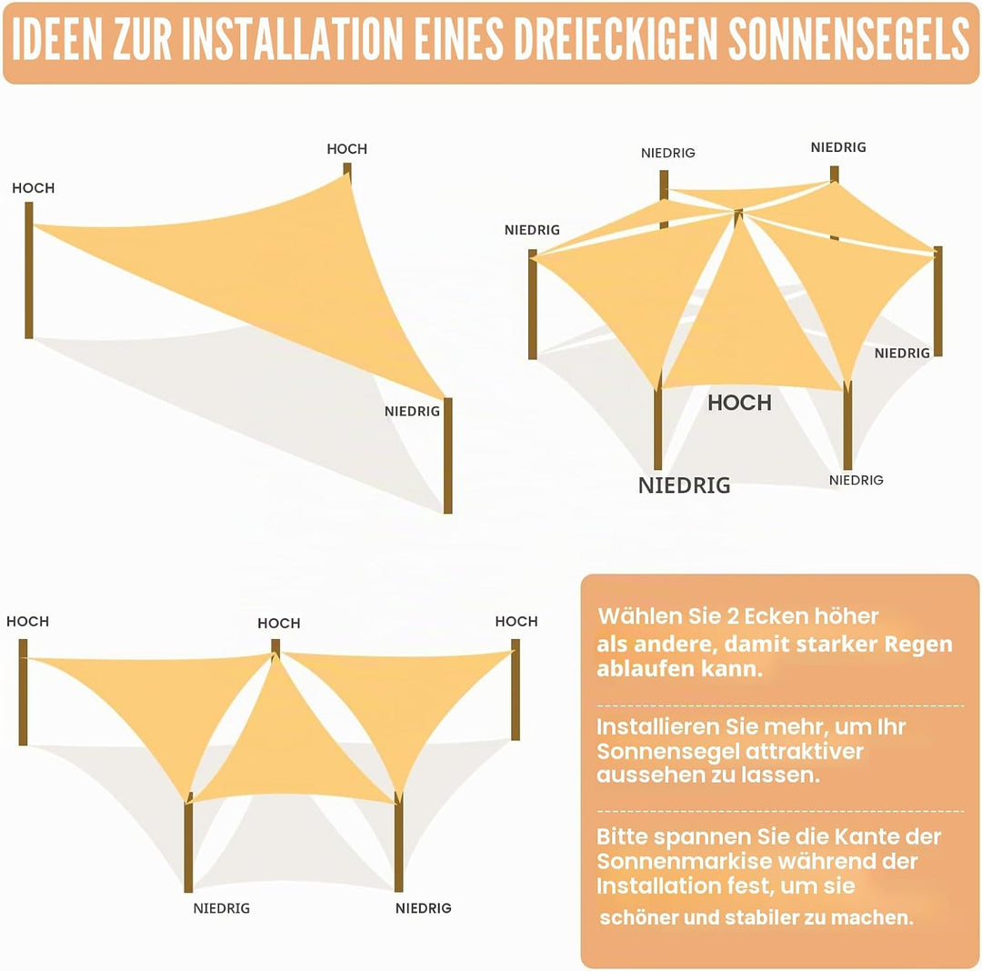 Duerer Sonnensegel Dreieckig Sonnenschutz Garten 5 x 5 x 5M, 95% UV-Blockierung, 185GSM Dichte Cool