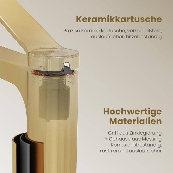 EMKE Wasserhahn Bad Champagnergold, 195 x 173 x 46 mm, Messing, Keramikkartusche, Badarmatur, Mischb
