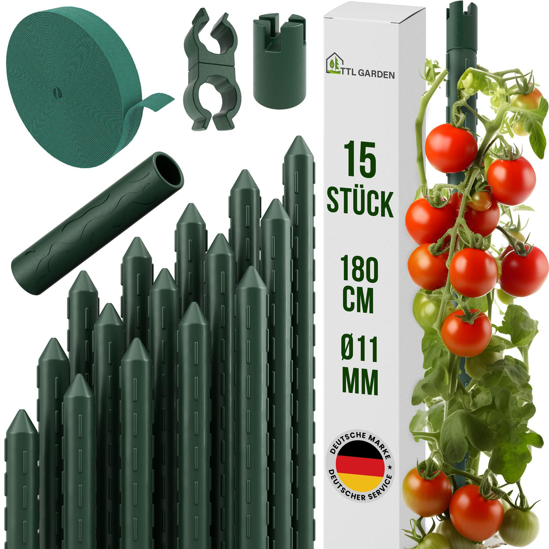 TTL GARDEN Rankstäbe 15er Set 180cm x 11mm Ø grün - Rankhilfe Pflanzstäbe + Klettband + Clips - Stah