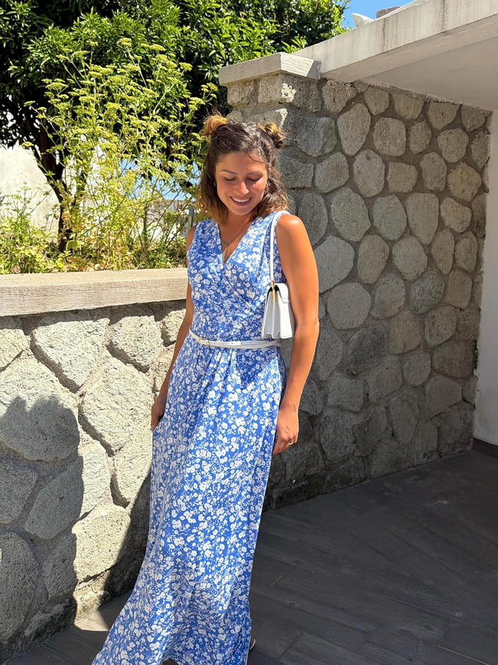 AUSELILY Sommerkleid Damen Lang ärmellos Maxikleider Wickelkleid Sommer Kleid Elegant Tiefem V-Aussc