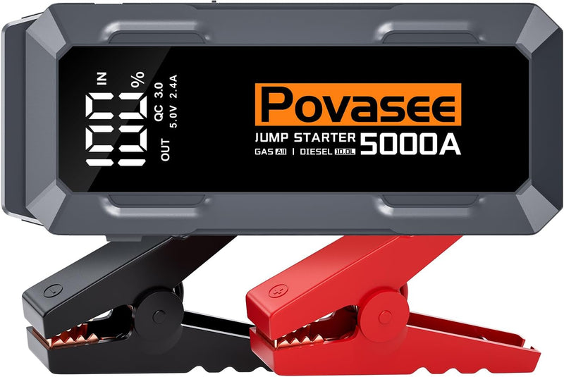 Povasee Starthilfe Powerbank, 5000A Starthilfe (bis zu Alle Benzin/10L Diesel) mit 3 Zoll LCD-Displa