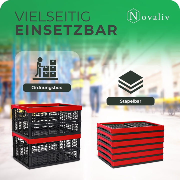 Novaliv Klappboxen faltbar stabil 8x 30L Rot Schwarz baskets Einkaufskiste Klappkisten Set Tragebox