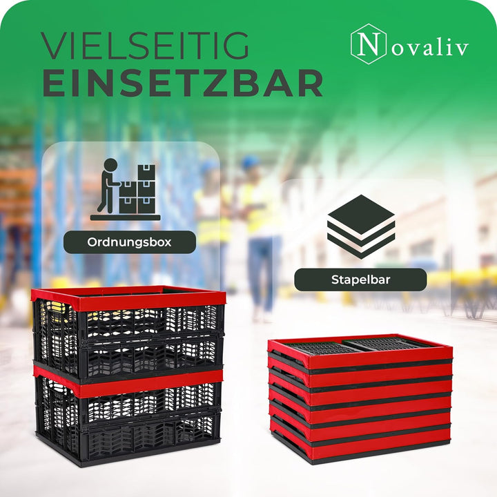 Novaliv Klappboxen faltbar stabil 4x 30L Rot Schwarz baskets Einkaufskiste Klappkisten Set Tragebox