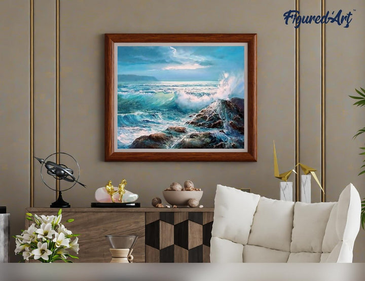 Figured'Art Malen Nach Zahlen Erwachsene Mit Rahmen Wellen - Paint by Numbers Basteln DIY Bastelset