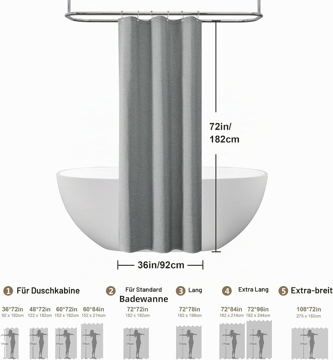 VANZAVANZU Duschvorhang Schmaler Leinen 92 x 182 cm mit Metall Duschvorhangringe Schwerer Stoff Text