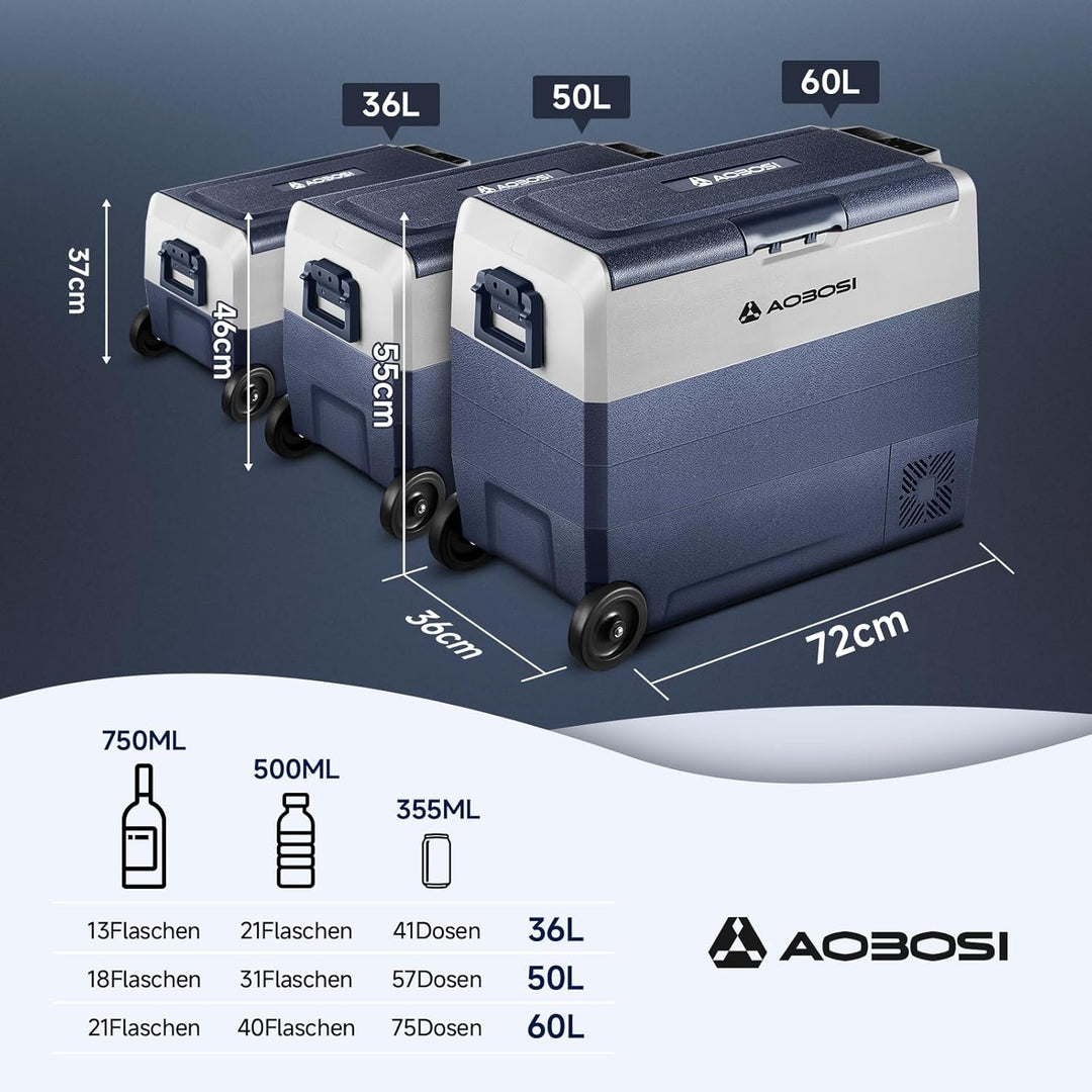 AAOBOSI Kompressor Kühlbox 60 L, Kühlbox Auto Mit APP Steuerung, 12/24 V und 100-240 V Camping Kühls
