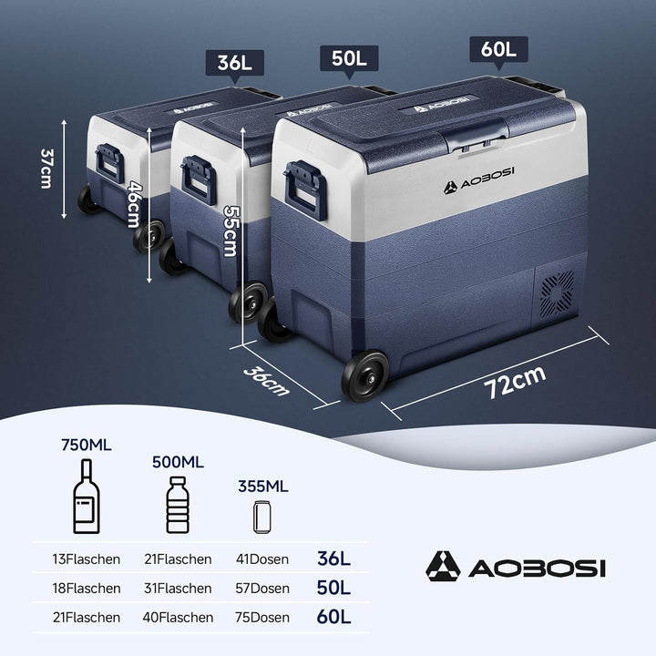 AAOBOSI Kompressor Kühlbox 60 L, Kühlbox Auto Mit APP Steuerung, 12/24 V und 100-240 V Camping Kühls
