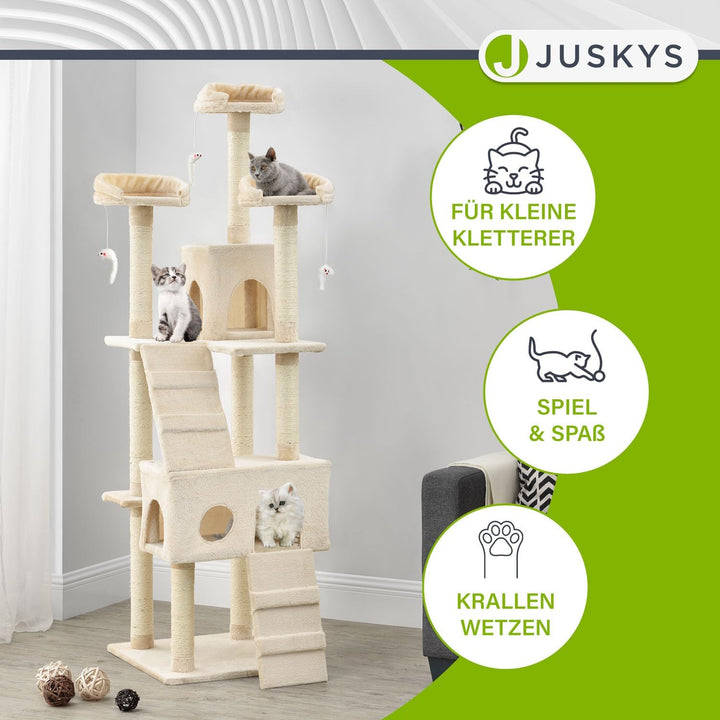 Juskys XXL Kratzbaum Amy beige — Katzenbaum mit Höhlen, Liegeflächen, Leitern & Sisal-Stämmen — Stab