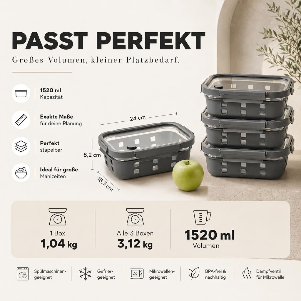Meal Prep Boxen Set 3x1520ml – Borosilikatglas, auslaufsicher, stapelbar, mikrowellengeeignet, mit S