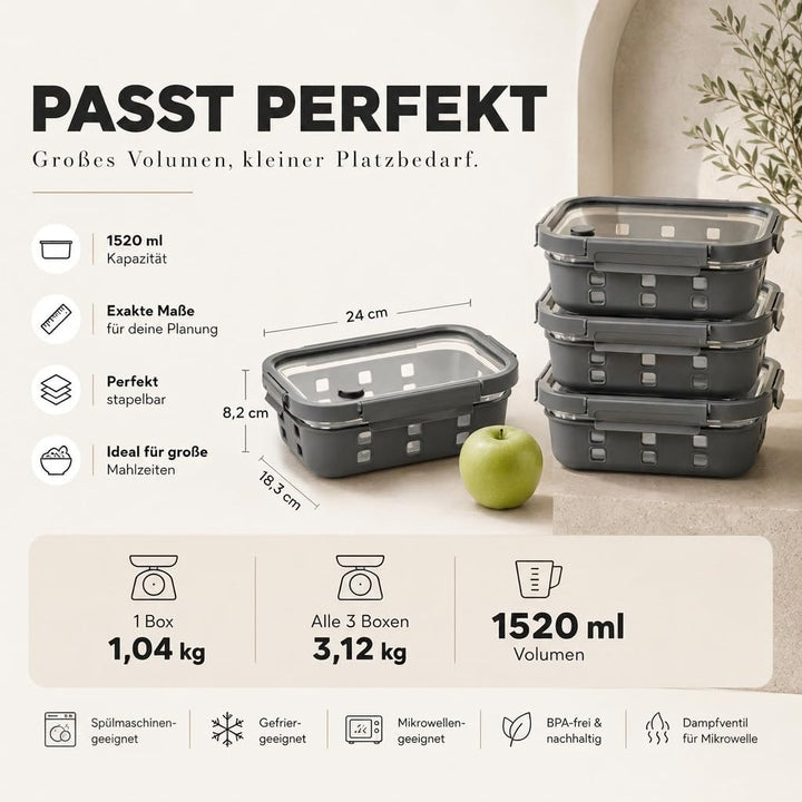 Meal Prep Boxen Set 3x1520ml – Borosilikatglas, auslaufsicher, stapelbar, mikrowellengeeignet, mit S