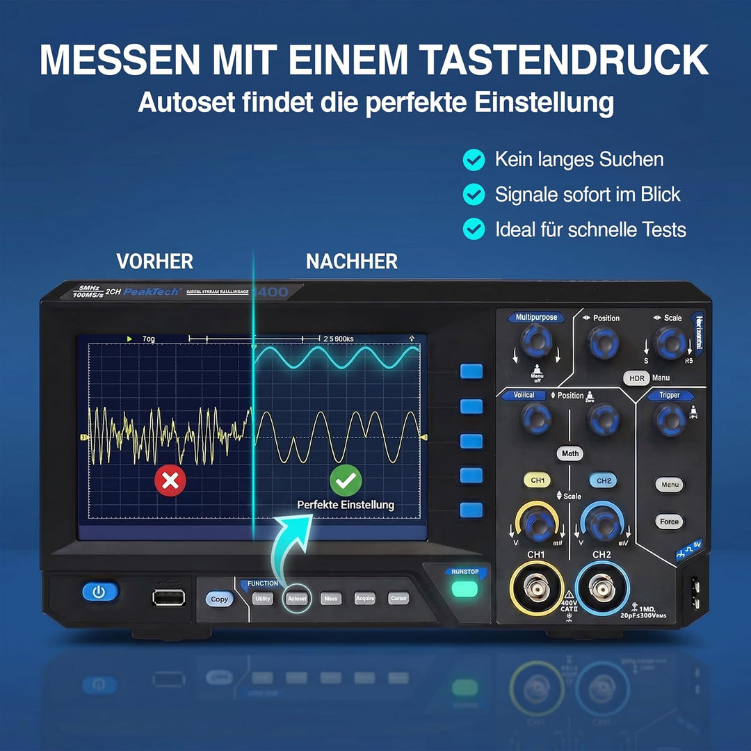 PeakTech 1403, Digital Speicher Oszilloskop, 2 Kanal, 50 MHz, 500 MS/s, USB Schnittstelle, PC Softwa