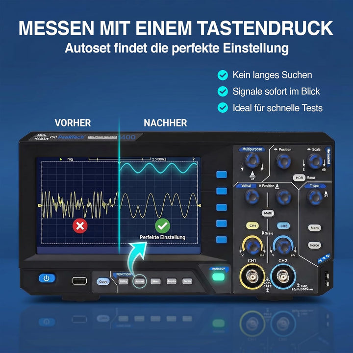 PeakTech 1403, Digital Speicher Oszilloskop, 2 Kanal, 50 MHz, 500 MS/s, USB Schnittstelle, PC Softwa