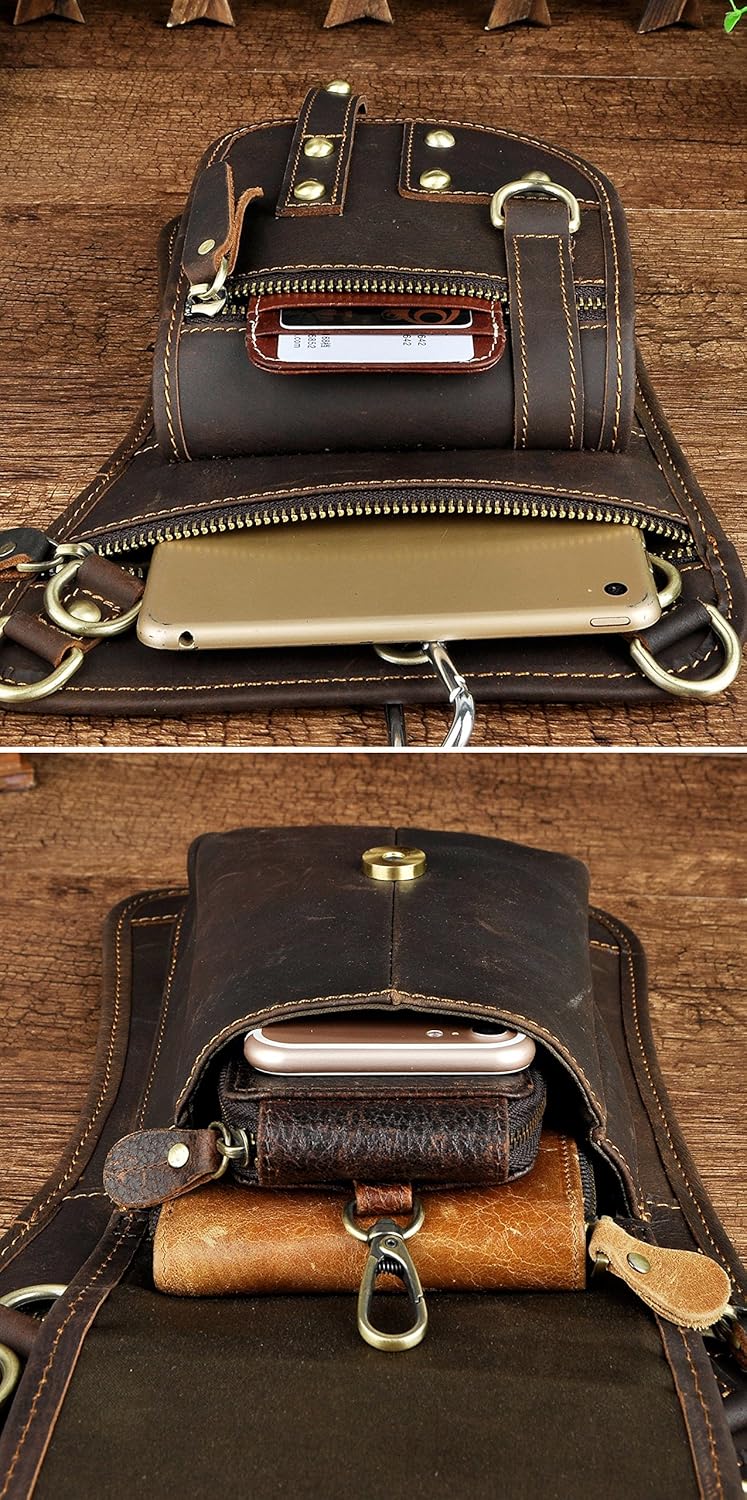 Le'aokuu Herren Echtes Leder Tasche Hüfttasche Beinbeutel Kleines Haken Tasche Messenger Bag