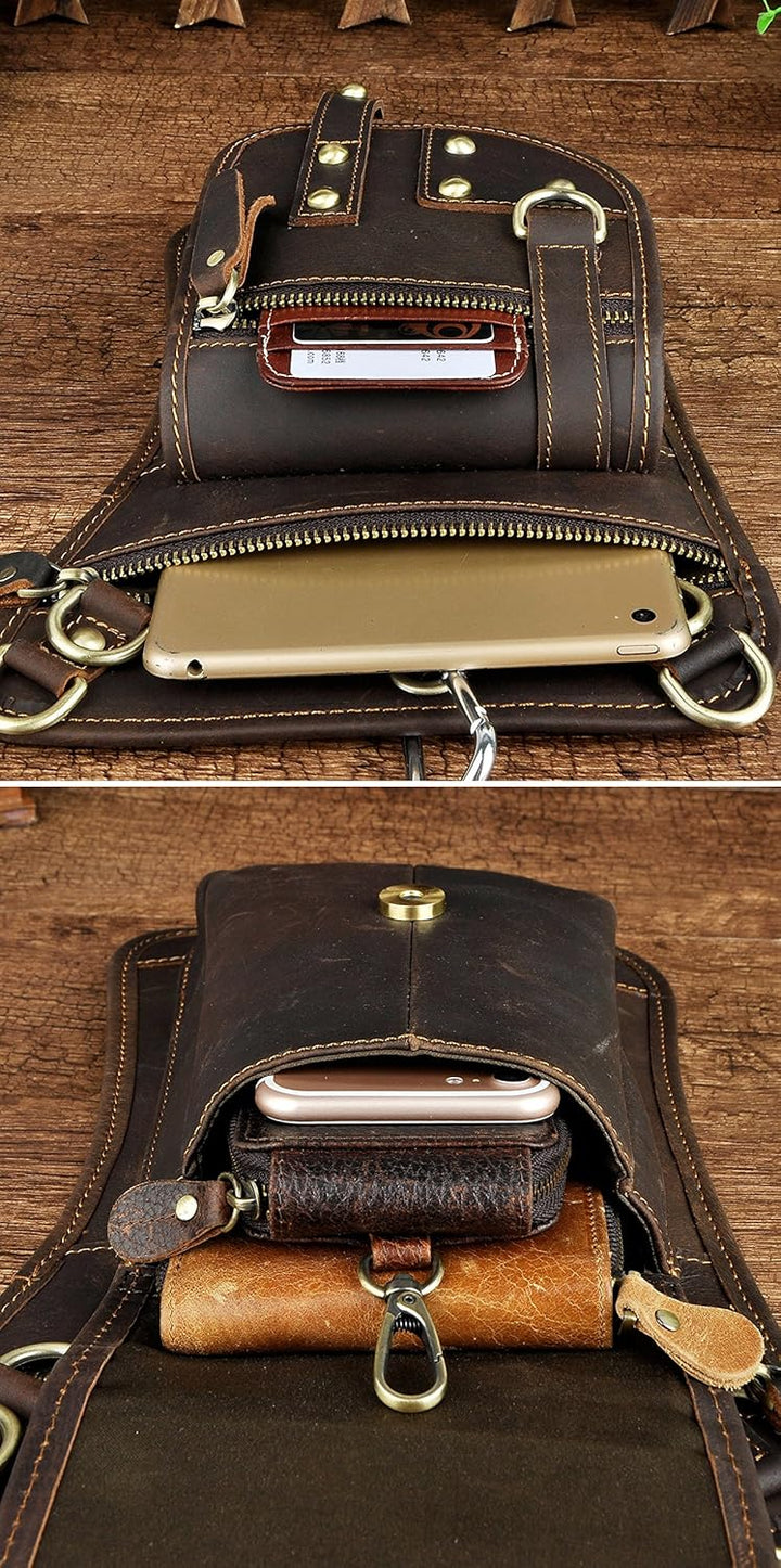 Le'aokuu Herren Echtes Leder Tasche Hüfttasche Beinbeutel Kleines Haken Tasche Messenger Bag