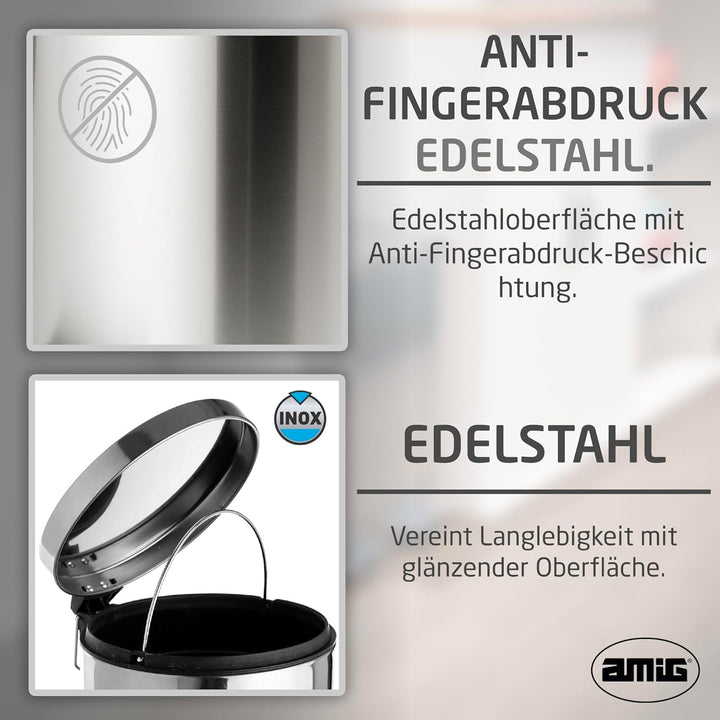Amig – Kosmetikeimer mit Pedal 3L Linea – Polierter Edelstahl – Hygienische Öffnung – Ø16,8 x 25,5 c