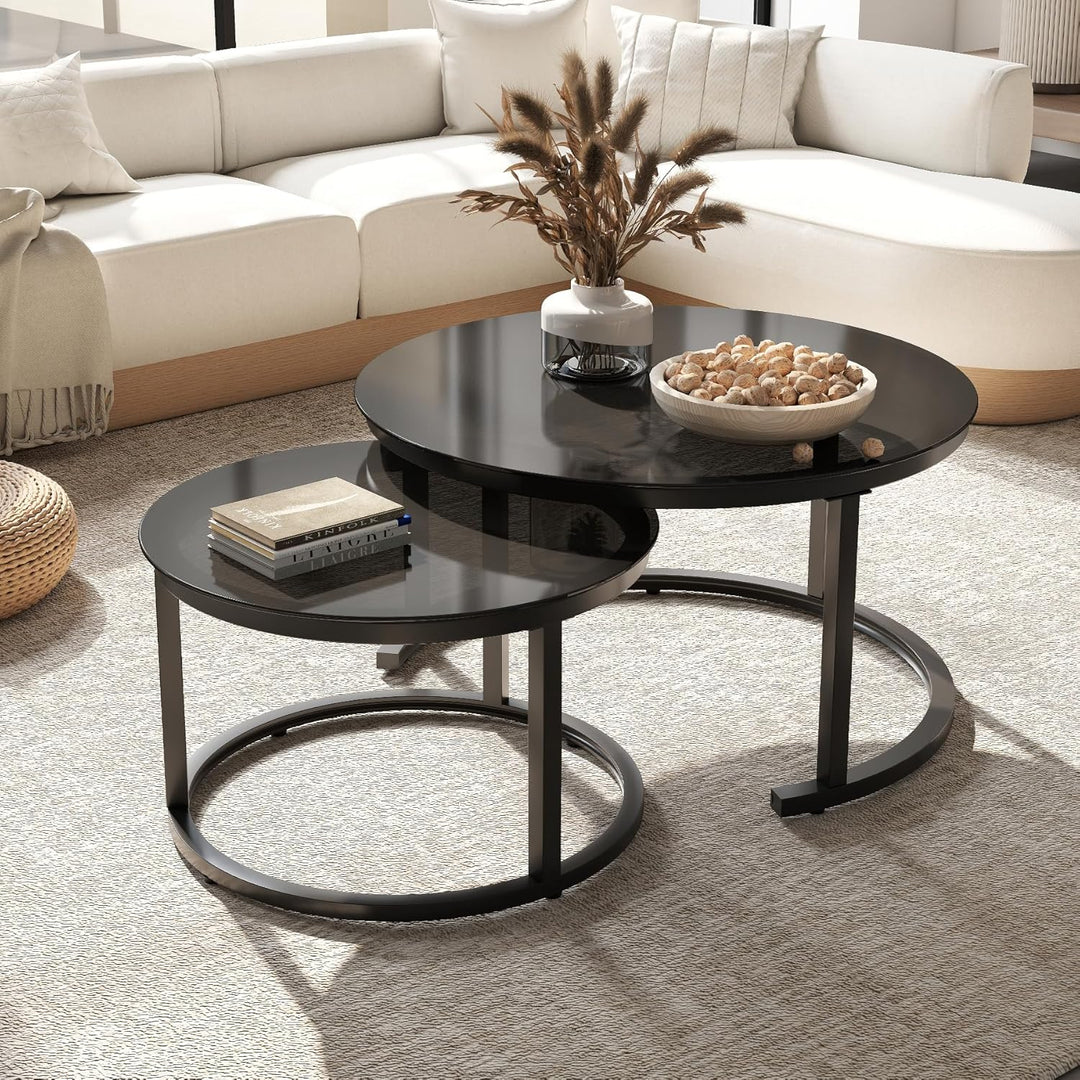Hawthyhome 2 Stücke Beistelltisch Set rund, Couchtisch aus Glas mit Metallrahmen,Moderne Kaffeetisch