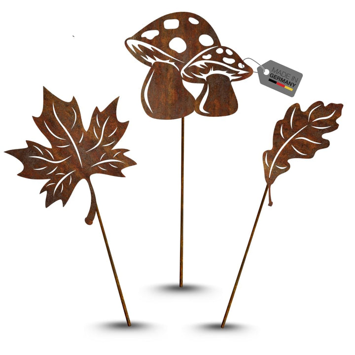 Terma Stahldesign Rostfigur Gartenstecker Set Herbst Zwei Blätter EIN Pilz mit Spiess 40-45cm tolle