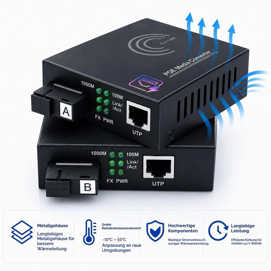 Elfcam® - PoE Gigabit Ethernet LWL Medienkonverter Glasfaser 10/100/1000 Mbps inklusive Mini-GBIC (S