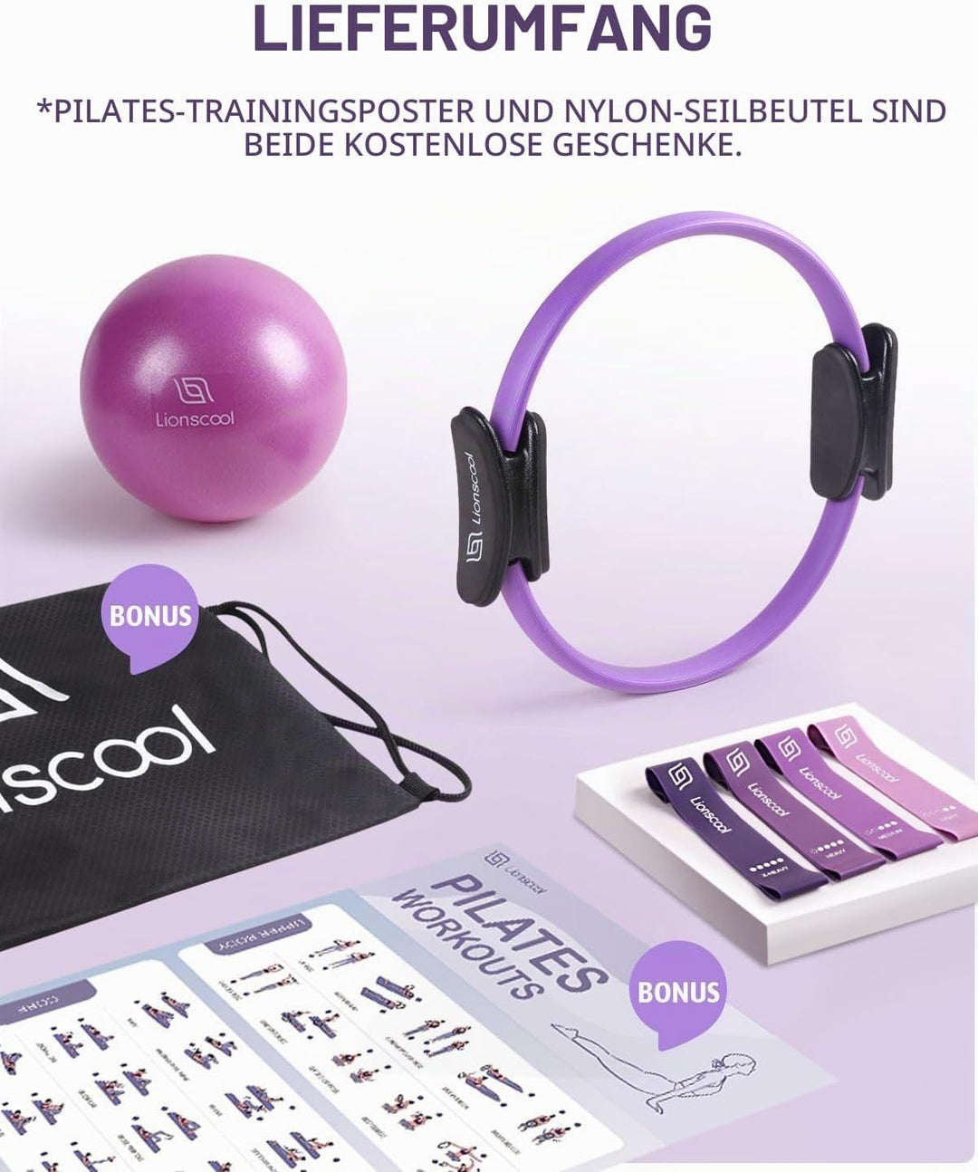LIONSCOOL Pilates-Ring-Set – 14“/35cm Magic Circle mit Doppelgriffen – Inkl. platzfestem Miniball, W