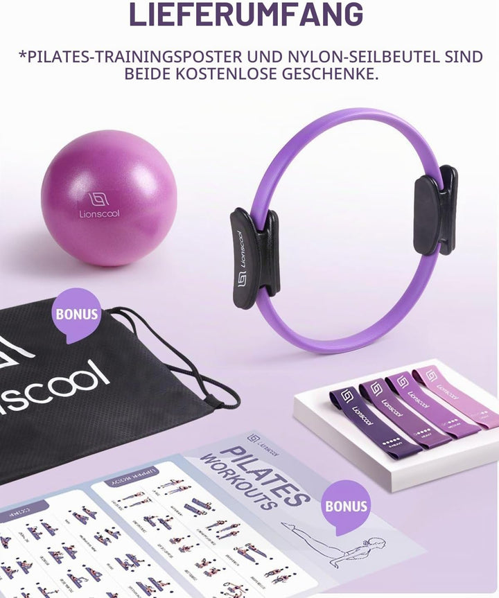 LIONSCOOL Pilates-Ring-Set – 14“/35cm Magic Circle mit Doppelgriffen – Inkl. platzfestem Miniball, W
