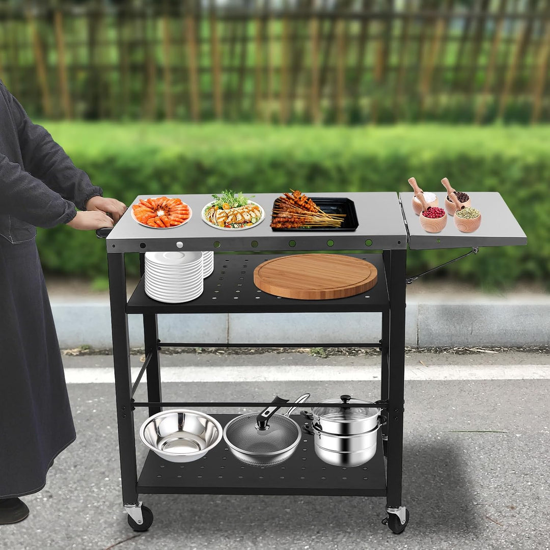 Grillwagen | Grillwagen mit 4 Etagen | Edelstahl &amp; Stahl | 200 lbs Tragkraft pro Ebene | 4 Rollen mi
