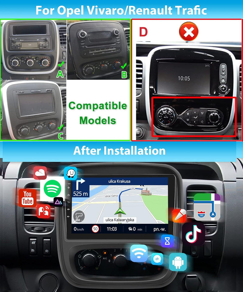 Podofo Carplay Autoradio für Opel Vivaro B/Renault Trafic/FIAT Talento/Nissan NV300, Android 2G+64G