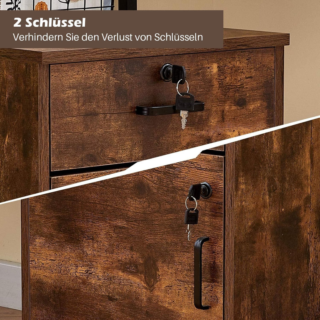 TUKAILAI Rollcontainer Abschliessbar mit 3 Schubladen, Lagerung Fach und Offene Regale, Aktenschrank