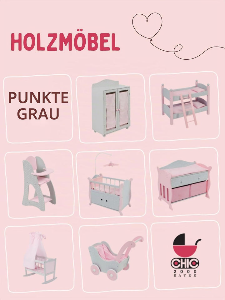 Bayer Chic 2000 - Puppenwiege, Wiege für Puppen, Puppenbett, Puppenmöbel, Puppenzubehör, Puntos grau