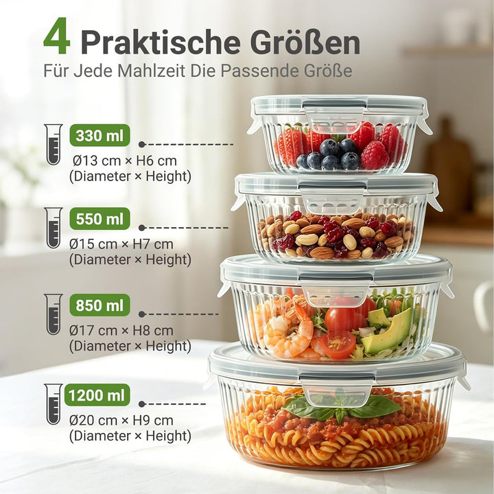 Glasbehälter mit Deckel – 4er Set Frischhaltebehälter Glas auslaufsicher &amp; BPA-frei – Meal Prep Boxe