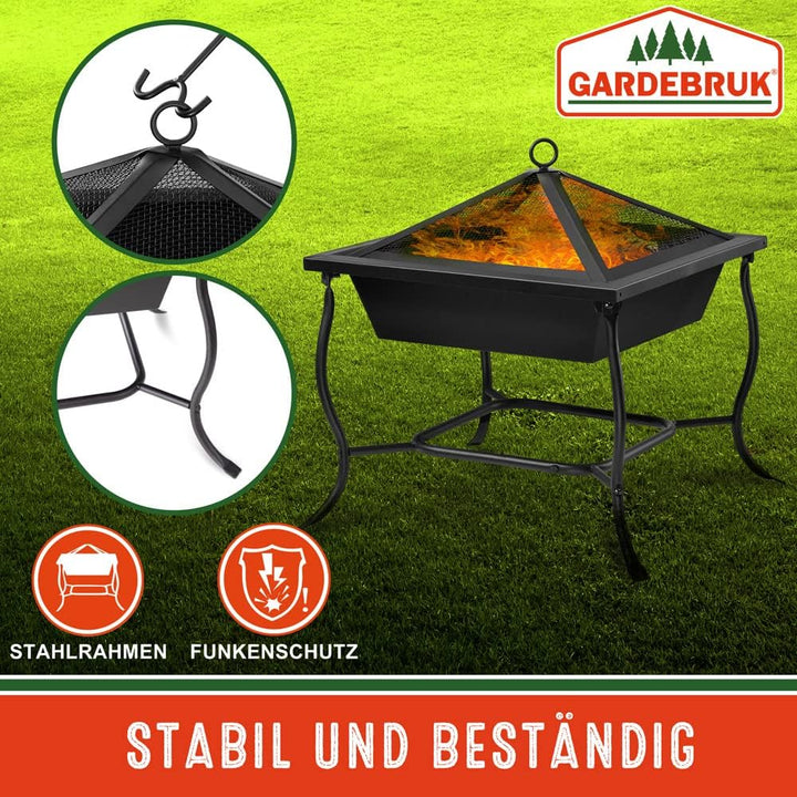 Deuba® Feuerschale mit Funkenschutz Schürhaken Eckig 45x45cm Modern Stahl Schwarz Terrasse Garten Ba