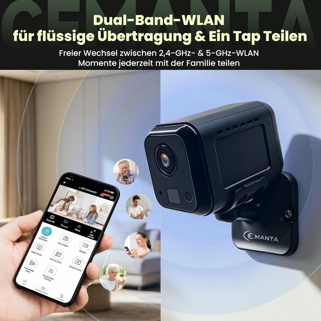 Mini Kamera Überwachungskamera Innen Akku 2,4 GHz/5 GHz WiFi Kamera überwachung innen mit 3000mAh Ak