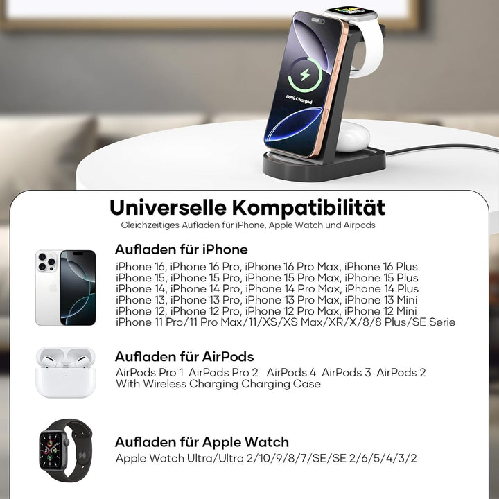 Kabellose Ladestation,3 in 1 Ladestation Kabelloses Ladegerät(Mit 18W Adapter) Wireless Charger komp